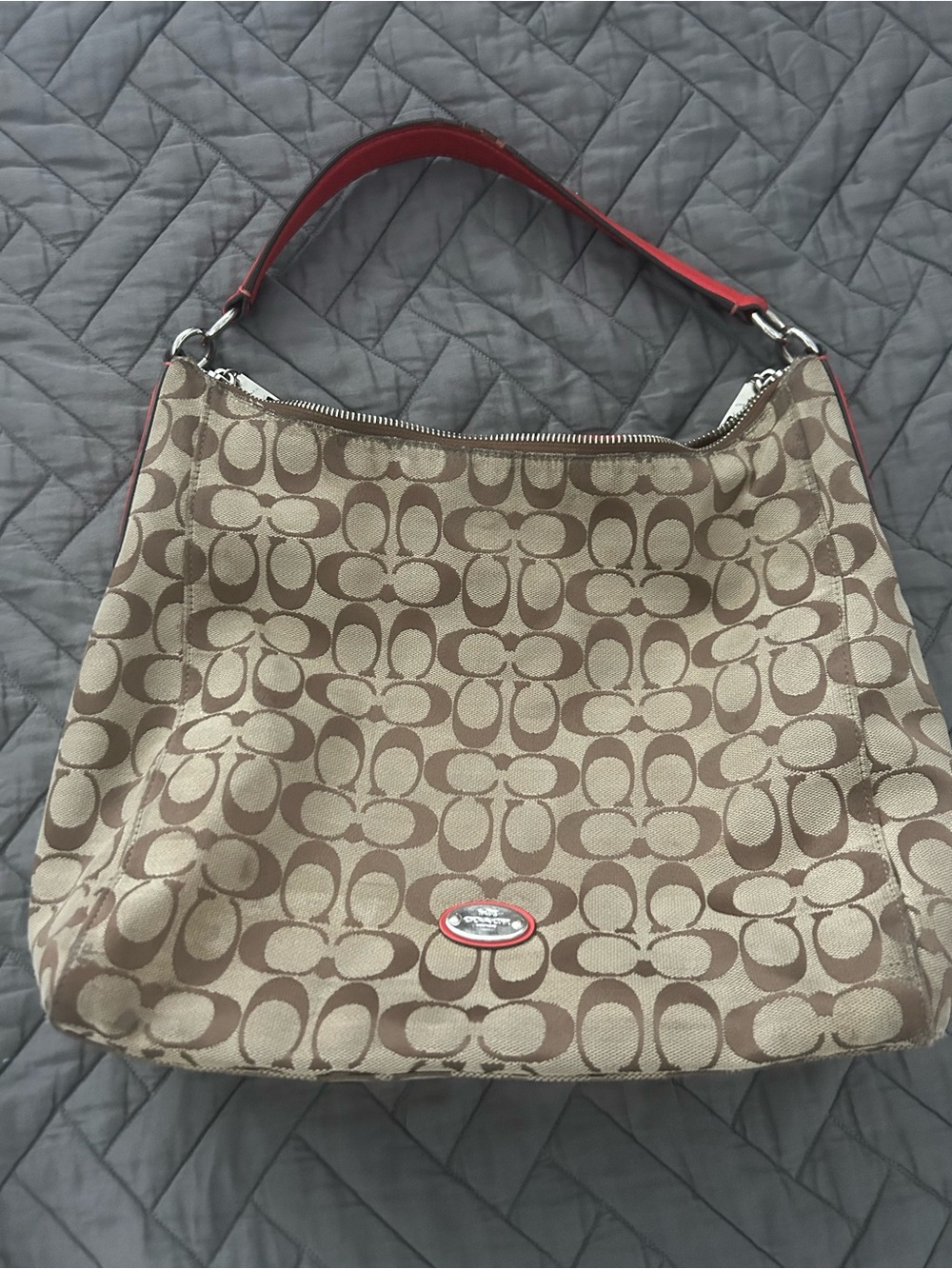 Coach Beige Signature Canvas Shoulder Bag with Red Trim